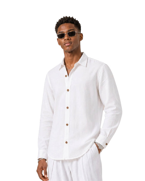 Camicia uomo bianca in cotone e lino a maniche lunghe
