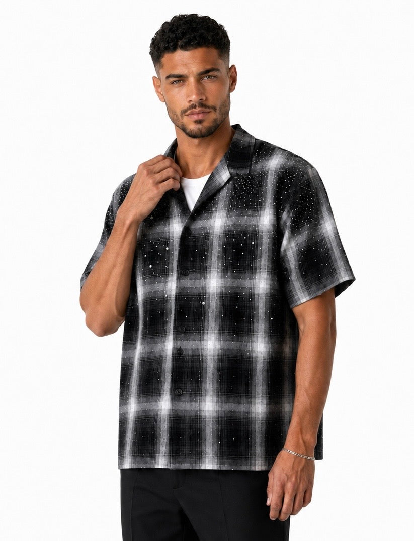 Camicia oversize uomo a quadri nera e grigia – Applicazioni in strass