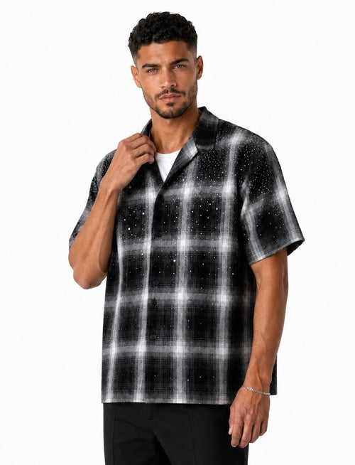Camicia oversize uomo a quadri nera e grigia – Applicazioni in strass