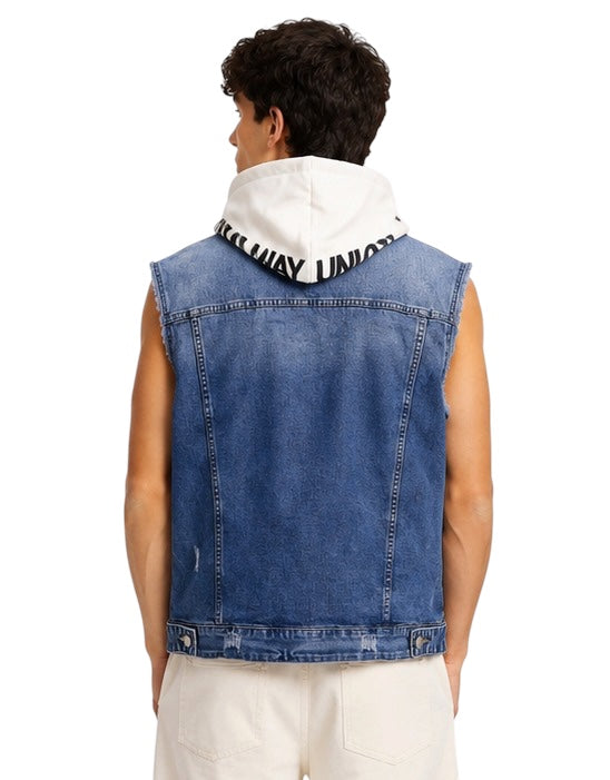 Gilet di jeans uomo blu con cappuccio