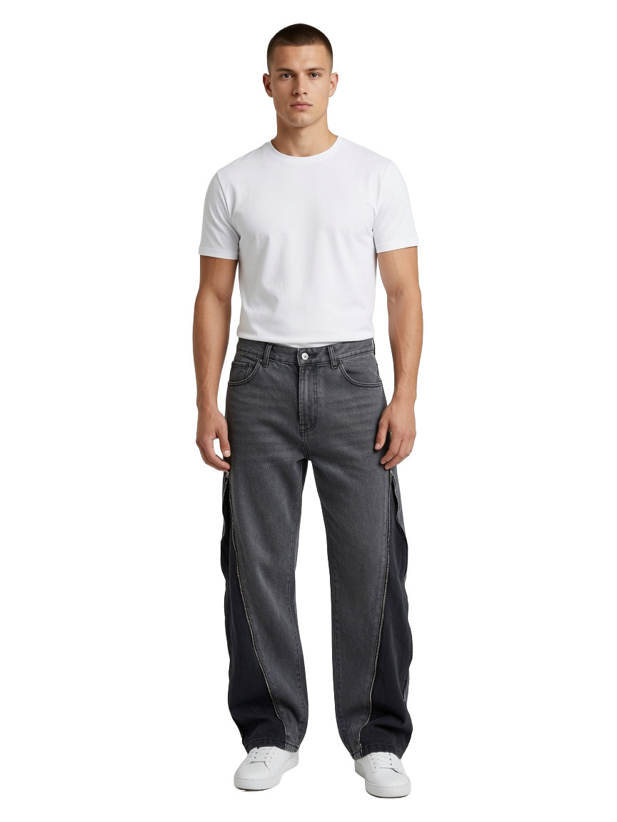 Jeans baggy uomo grigi – Inserti neri con zip laterali Made in Italy