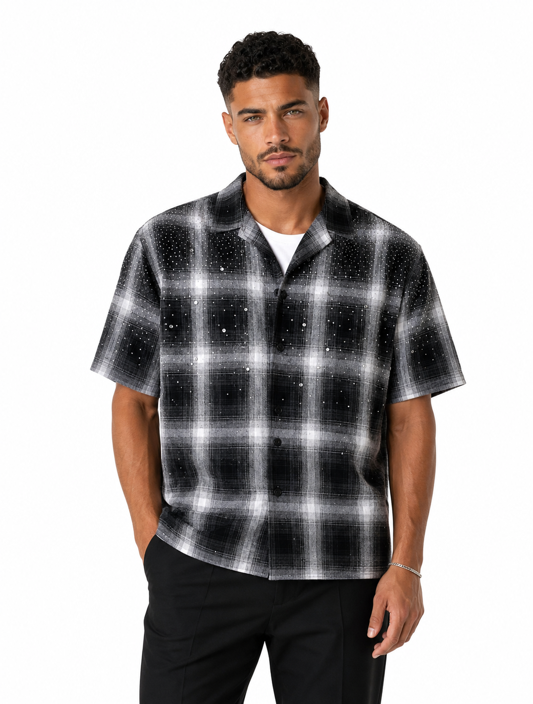 Camicia oversize uomo a quadri nera e grigia – Applicazioni in strass