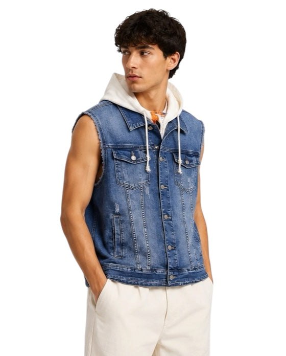Gilet di jeans uomo blu con cappuccio