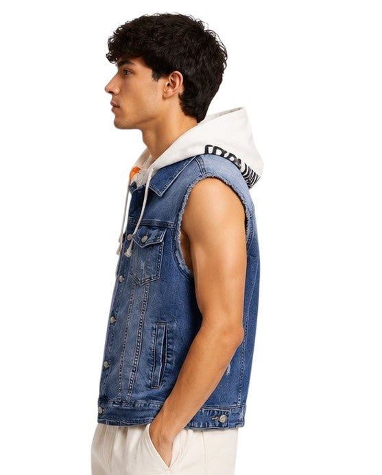 Gilet di jeans uomo blu con cappuccio