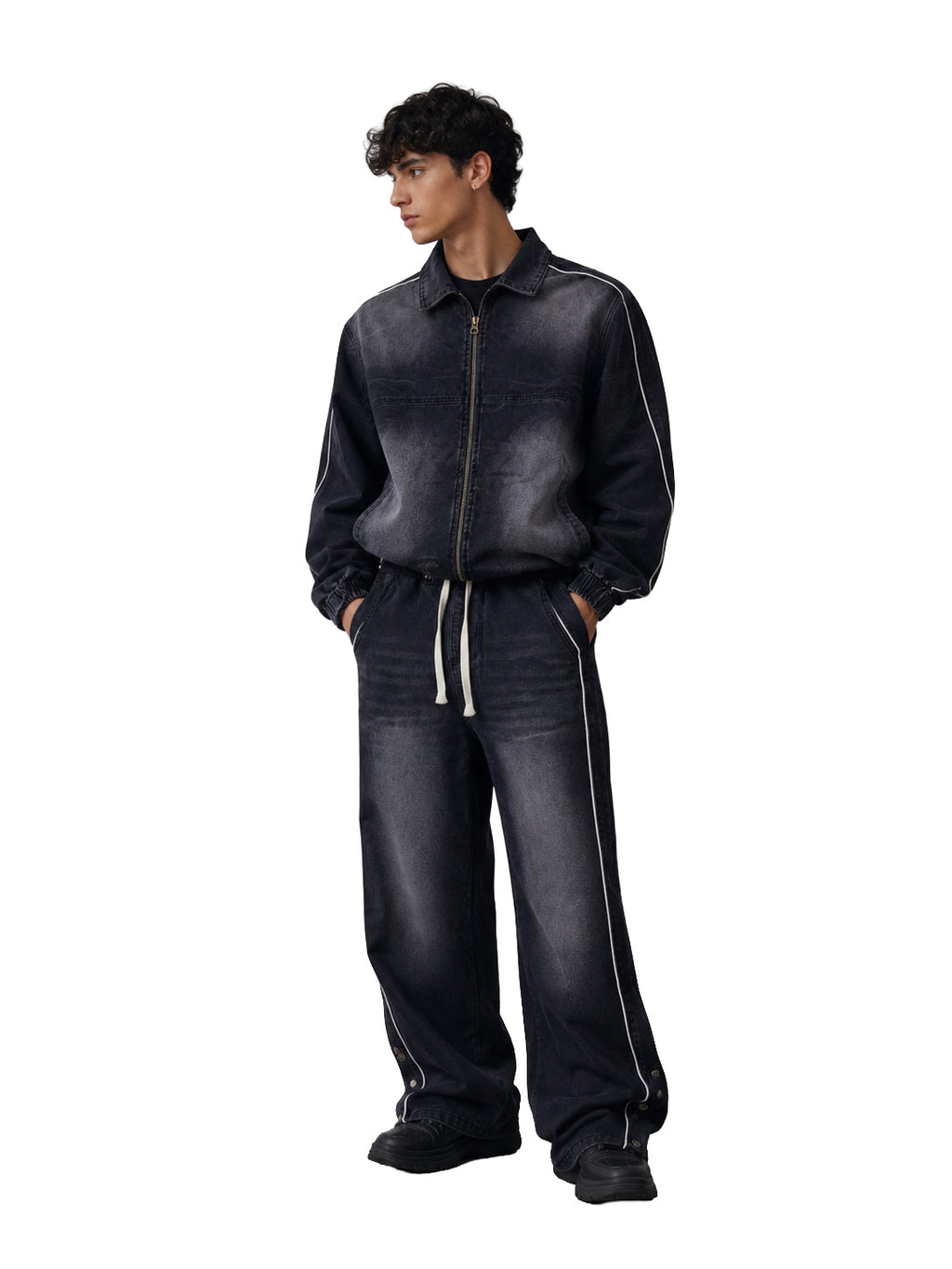 Completo denim uomo nero slavato – Giacca con zip e jeans baggy a vita elasticizzata