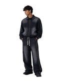 Completo denim uomo nero slavato – Giacca con zip e jeans baggy a vita elasticizzata