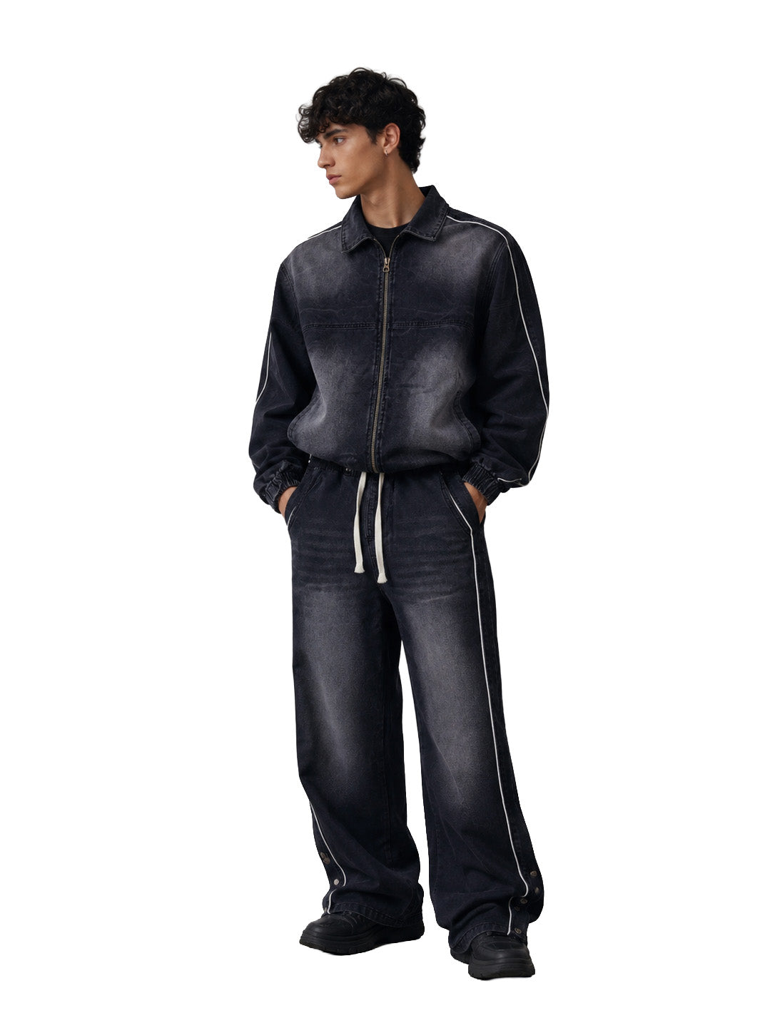 Completo denim uomo nero slavato – Giacca con zip e jeans baggy a vita elasticizzata