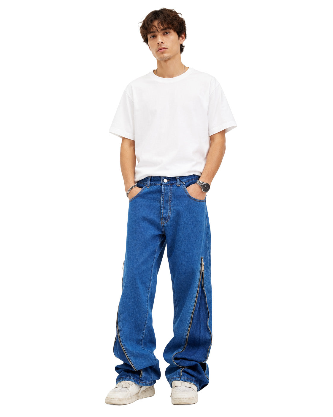 Jeans baggy uomo blu – Fondo regolabile con zip laterali