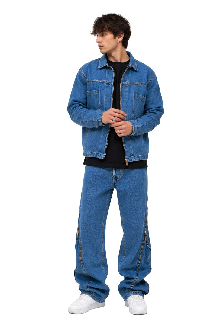 Completo denim uomo blu – Giacca e jeans baggy con zip laterali Made in Italy