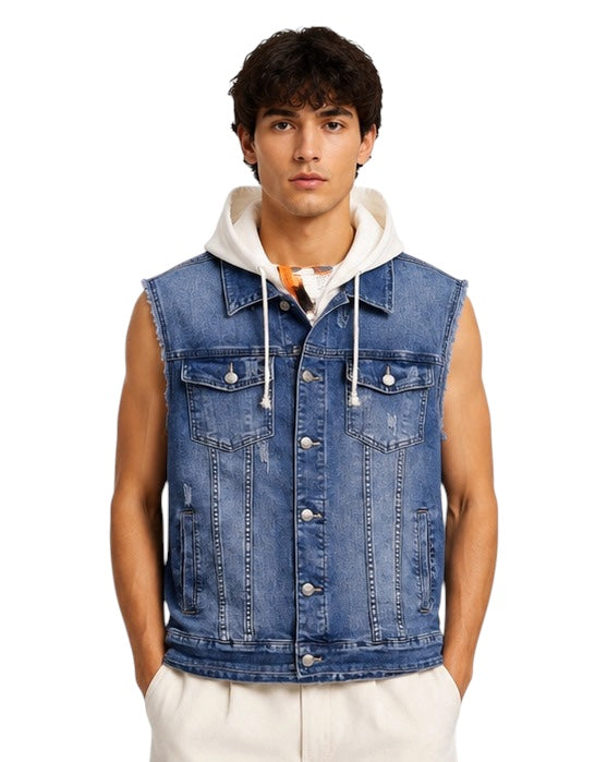 Gilet di jeans uomo blu con cappuccio