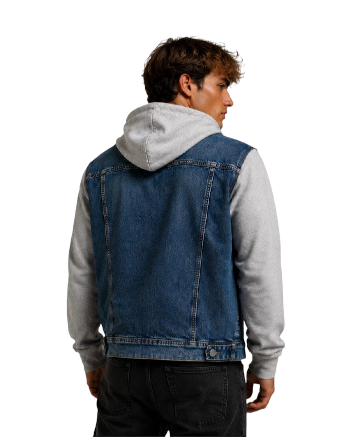 Giacca di jeans uomo blu – Maniche in felpa e cappuccio removibile