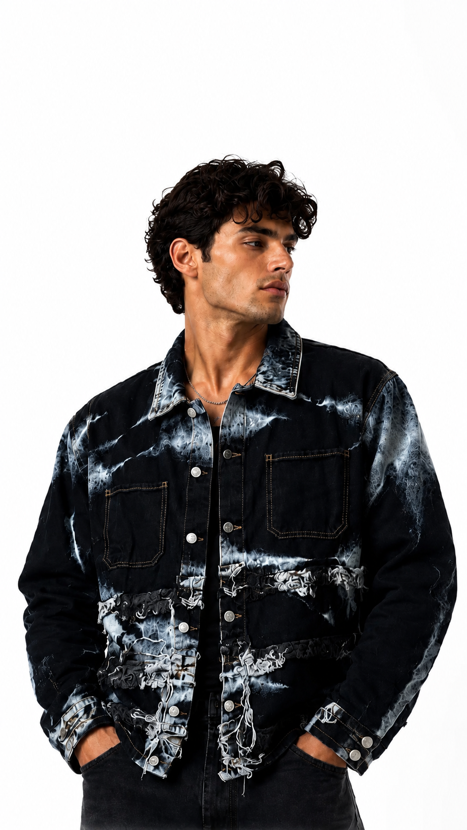 Giacca di jeans uomo nera Bleach Wash – Dettagli sfrangiati Made in Italy