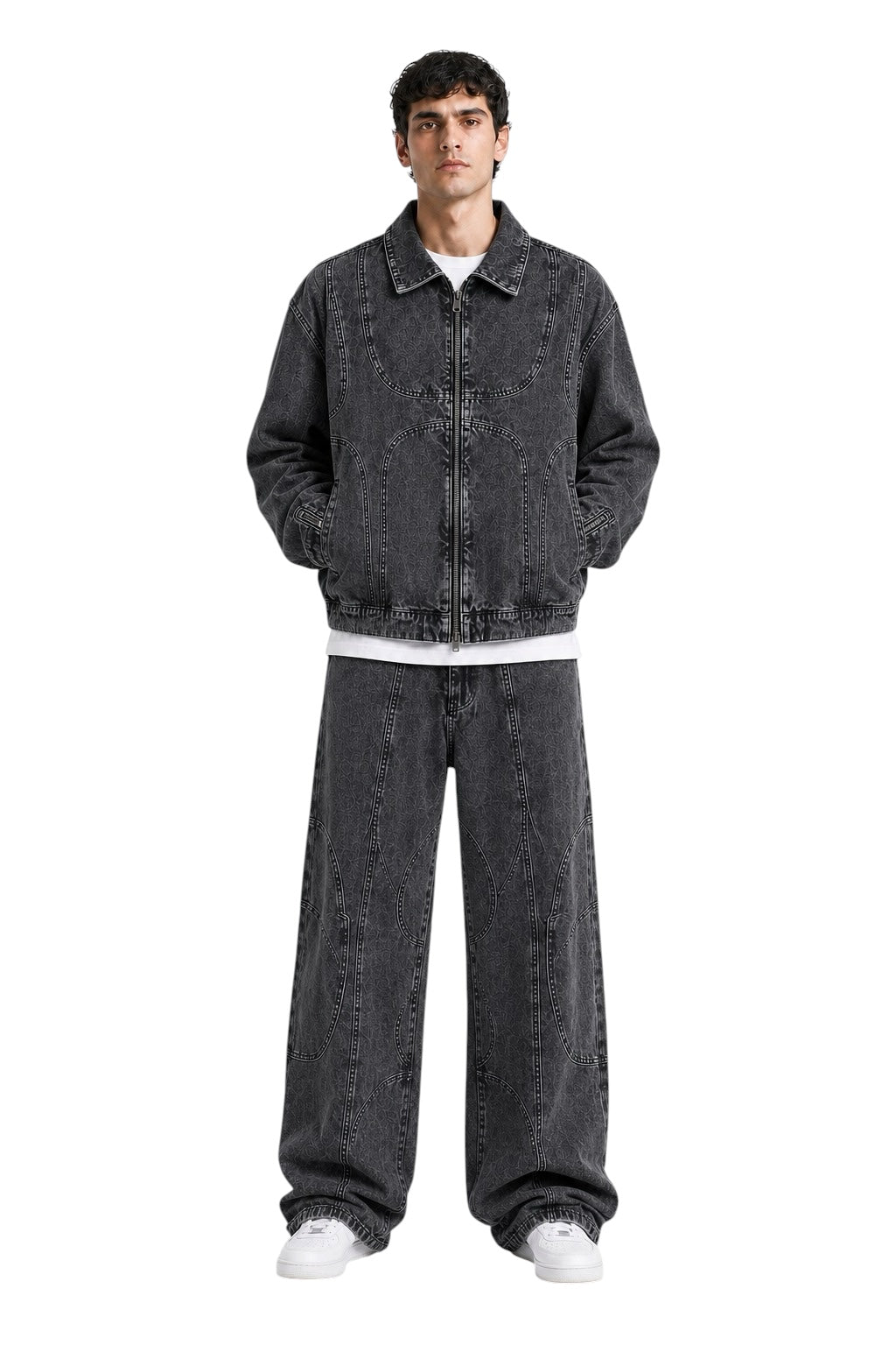 Completo denim uomo “Crossline” nero slavato – Giacca e jeans baggy