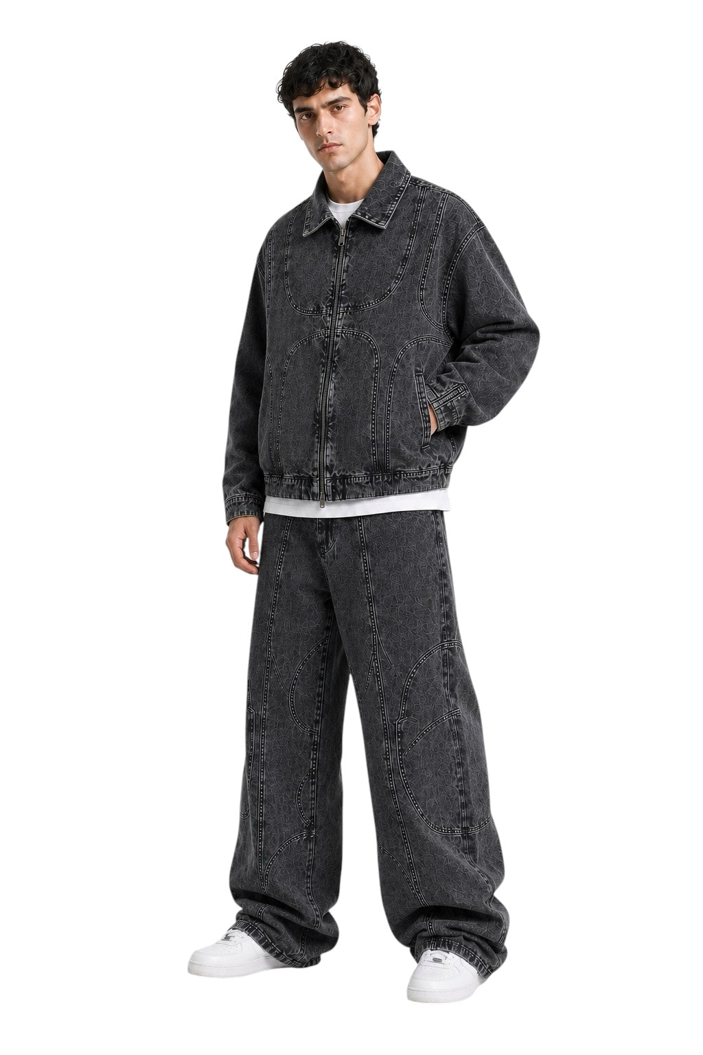 Completo denim uomo “Crossline” nero slavato – Giacca e jeans baggy