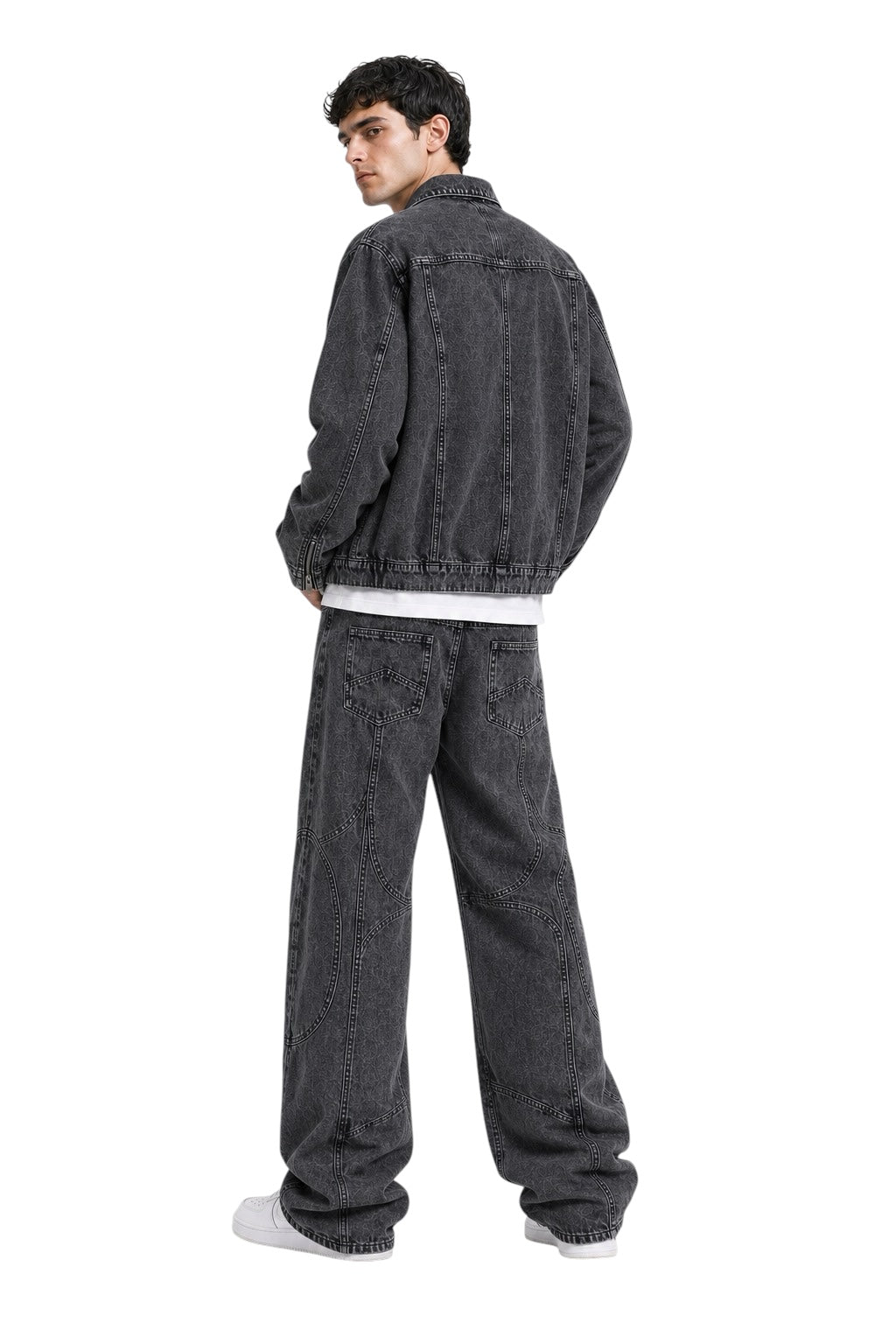 Completo denim uomo “Crossline” nero slavato – Giacca e jeans baggy