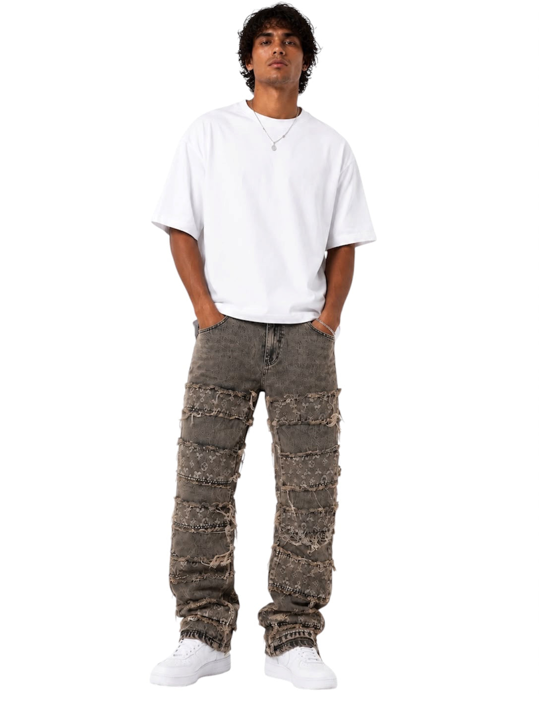 Jeans baggy uomo tortora slavato – Patchwork sfrangiato con zip
