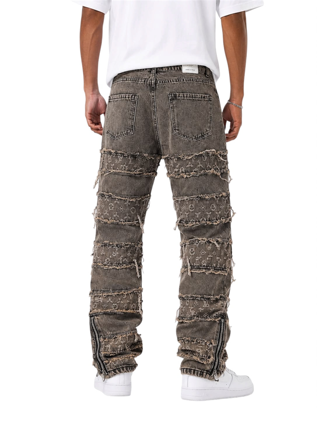 Jeans baggy uomo tortora slavato – Patchwork sfrangiato con zip
