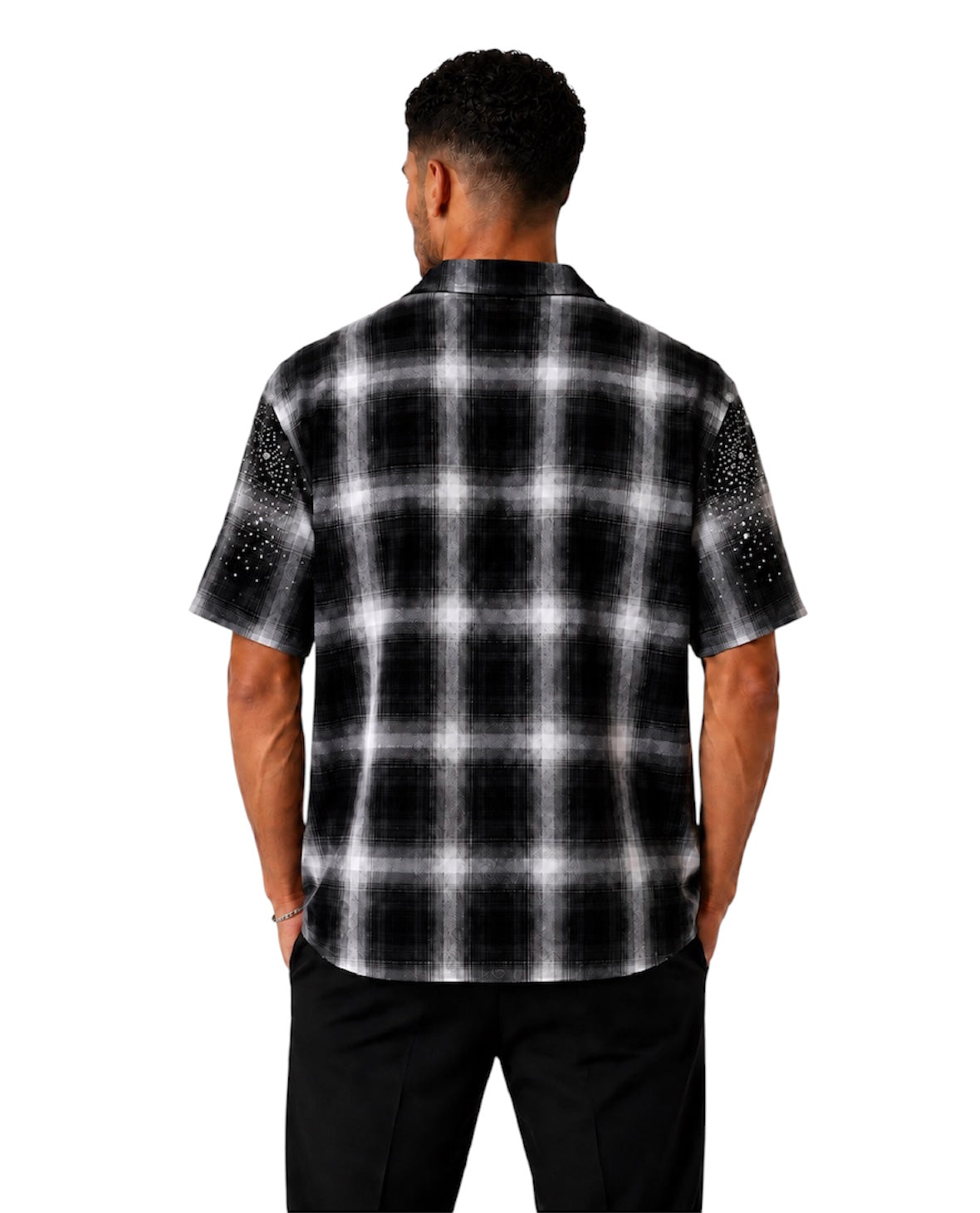 Camicia oversize uomo a quadri nera e grigia – Applicazioni in strass