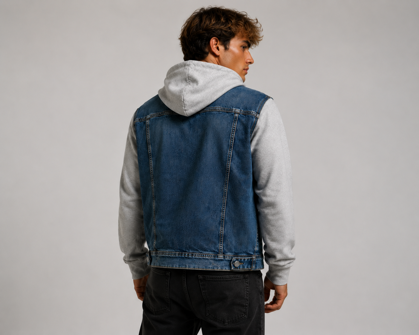 Giacca Denim Uomo con Cappuccio e Maniche in Felpa