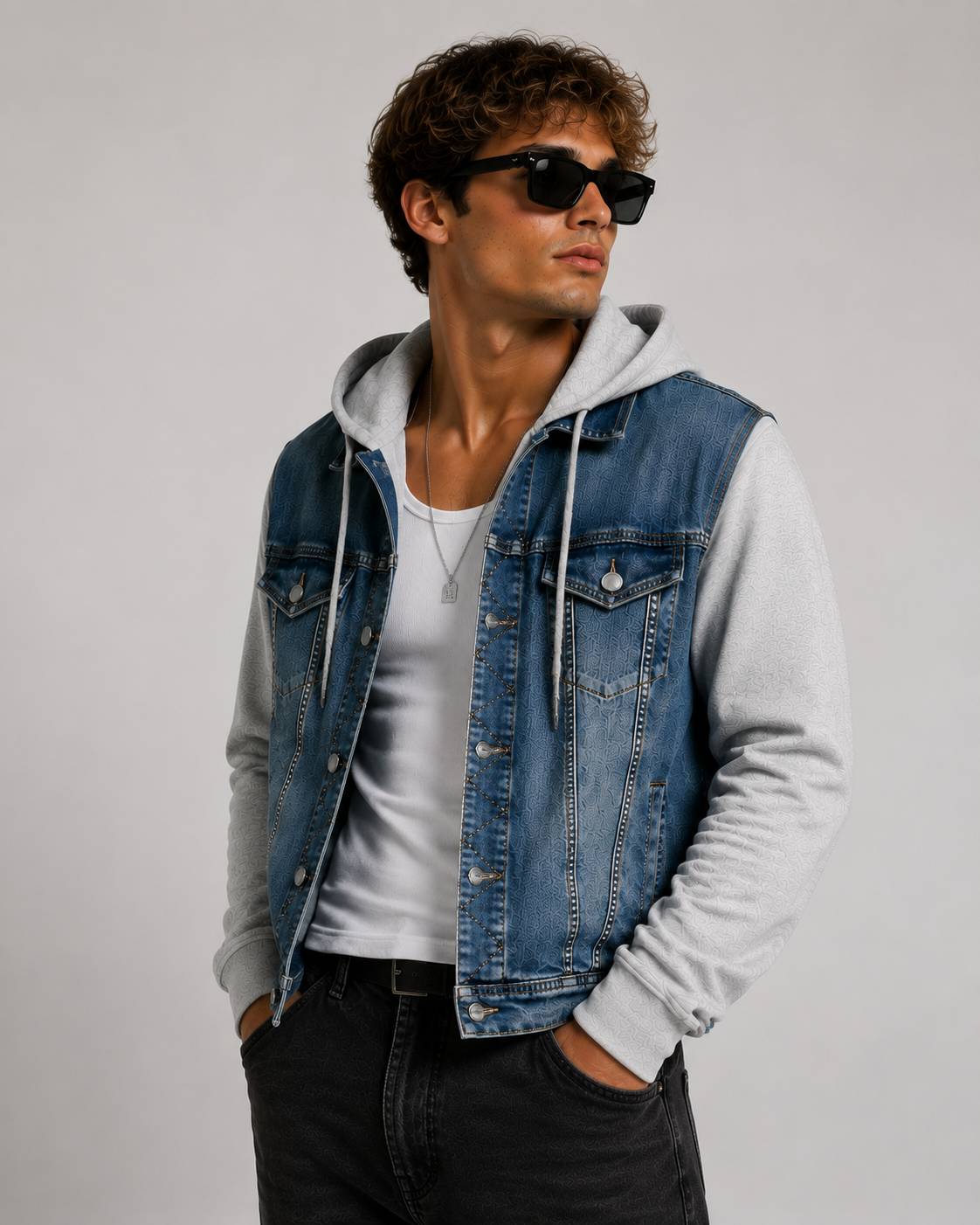 Giacca Denim Uomo con Cappuccio e Maniche in Felpa
