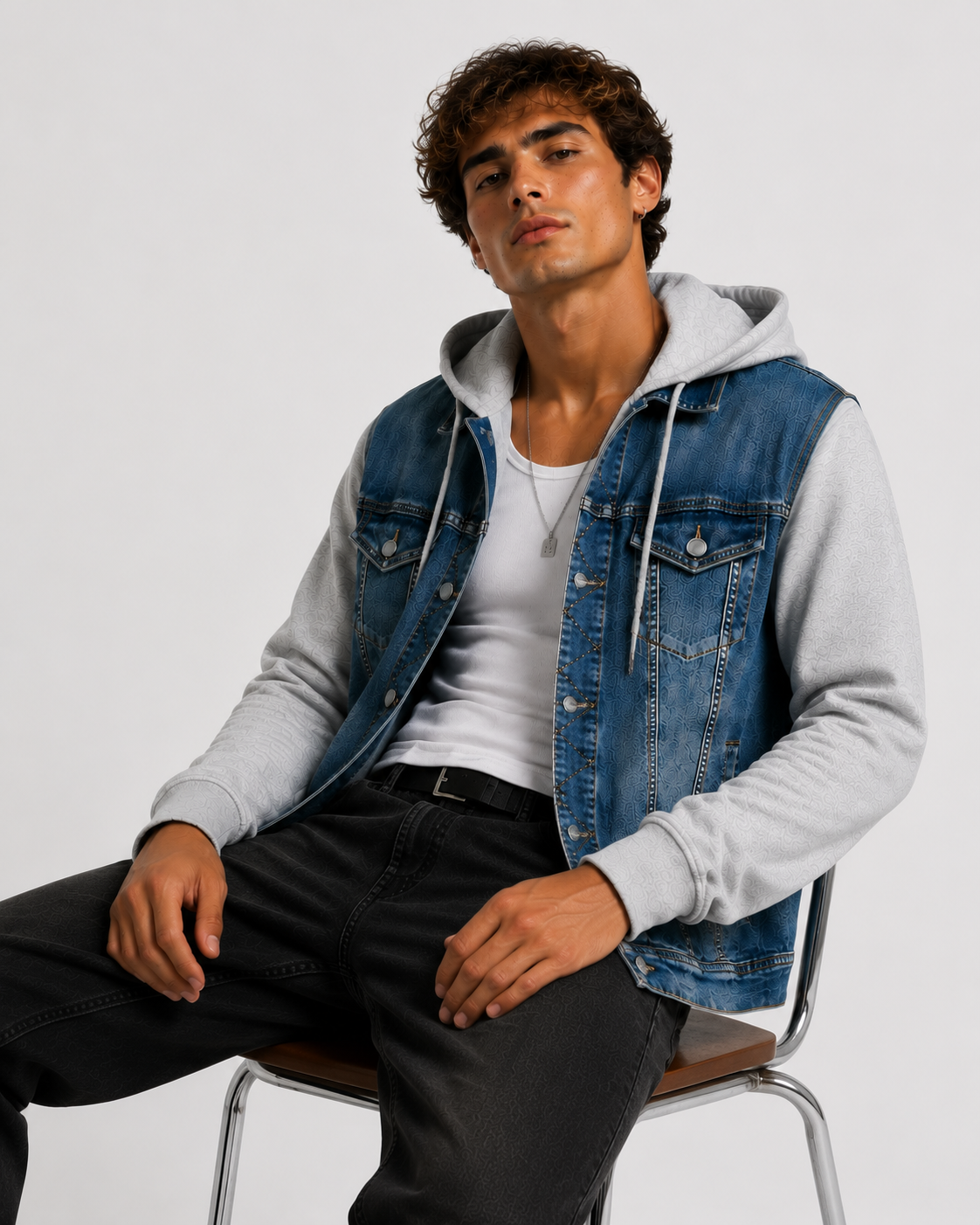 Giacca Denim Uomo con Cappuccio e Maniche in Felpa