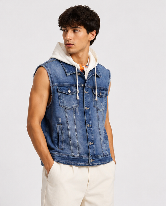 Gilet Denim Blu con Cappuccio