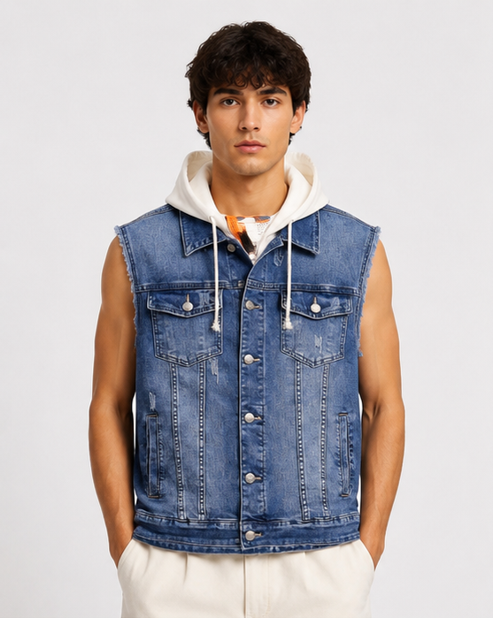Gilet Denim Blu con Cappuccio