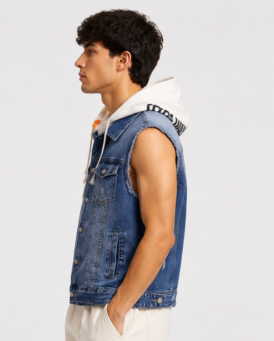 Gilet Denim Blu con Cappuccio