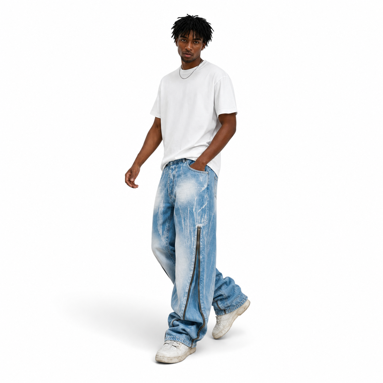Jeans Baggy Ice Wash con Zip Laterali – Made in Italy