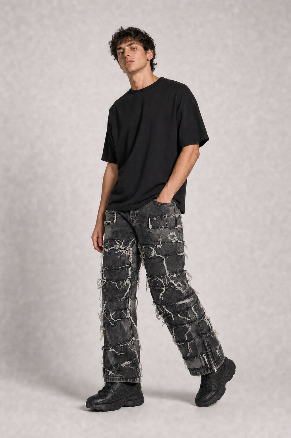 Jeans Baggy Grey Destroyed con Zip