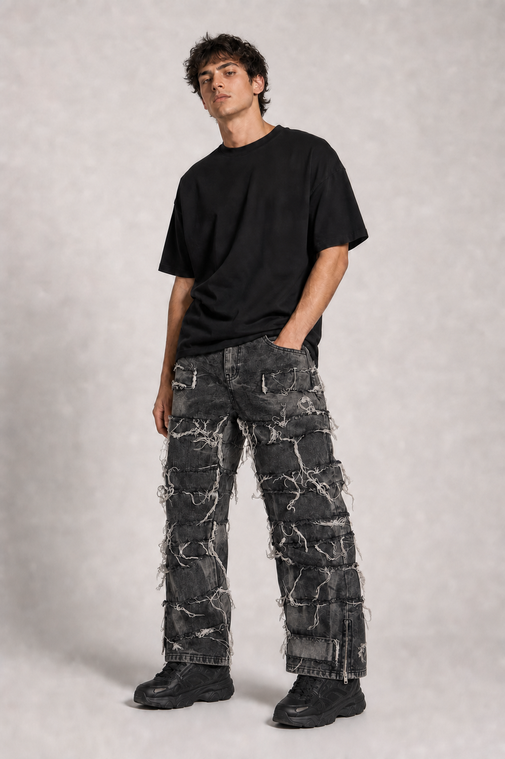 Jeans Baggy Grey Destroyed con Zip