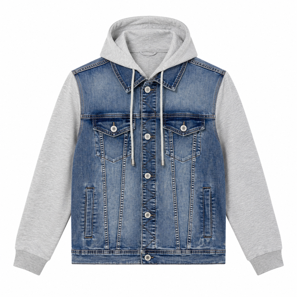 Giacca Denim Uomo con Cappuccio e Maniche in Felpa