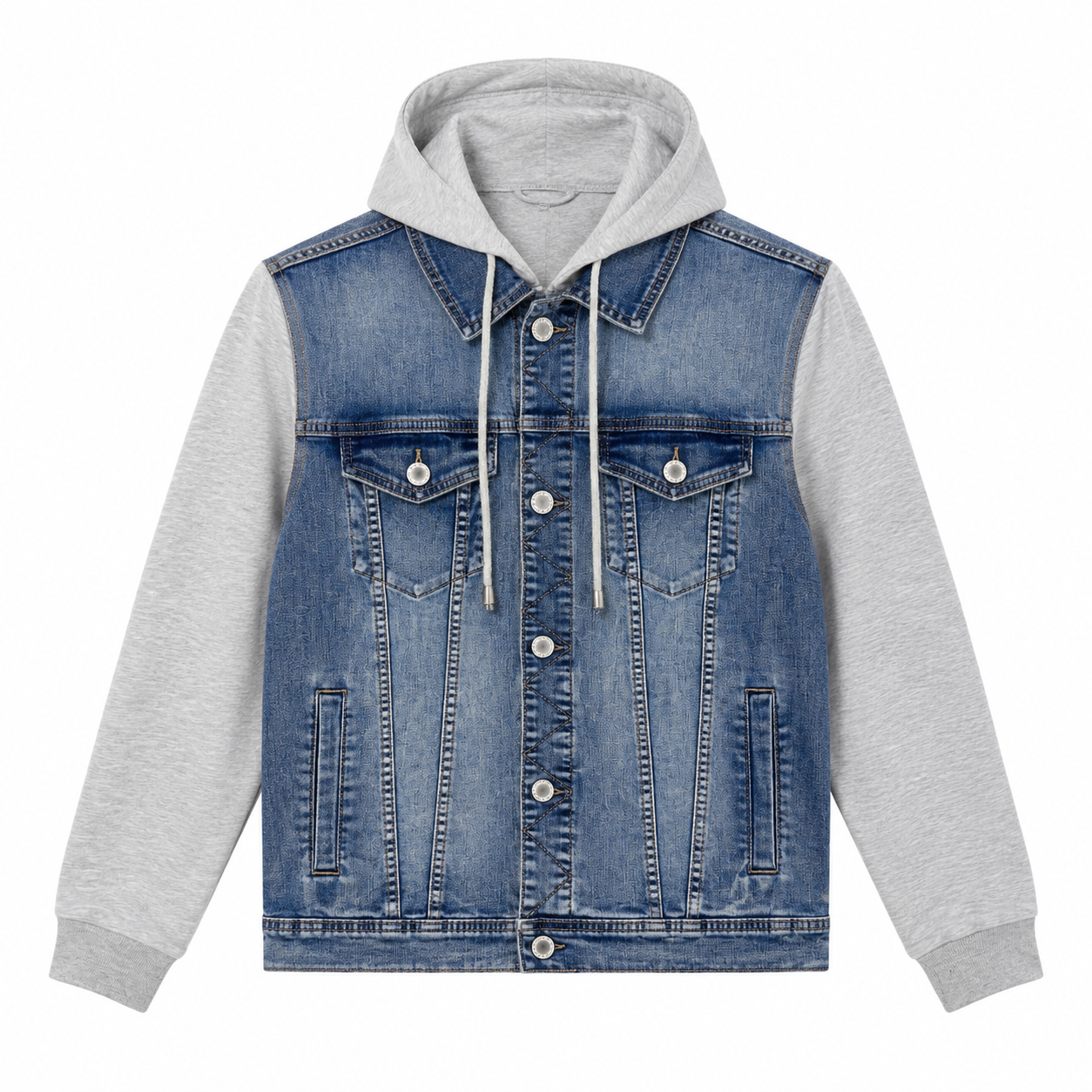 Giacca Denim Uomo con Cappuccio e Maniche in Felpa