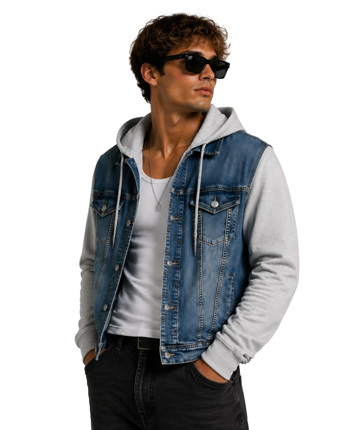 Giacca di jeans uomo blu – Maniche in felpa e cappuccio removibile