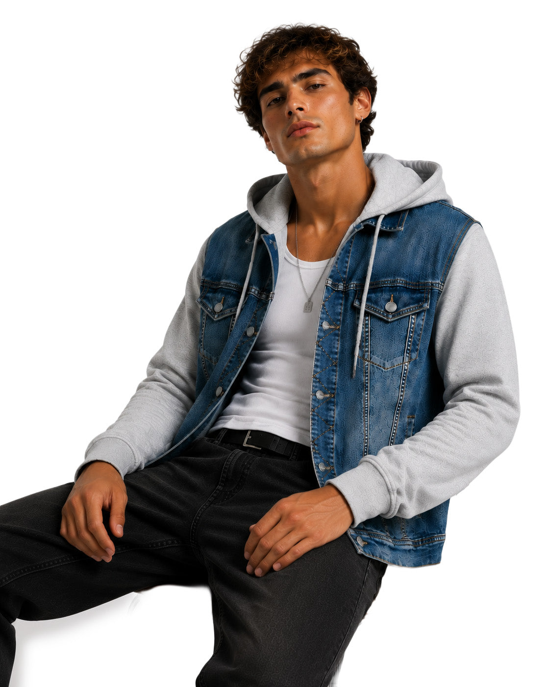 Giacca di jeans uomo blu – Maniche in felpa e cappuccio removibile