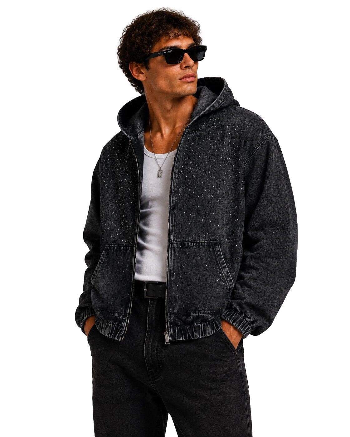 Giacca denim uomo nera slavata con strass – Vestibilità oversize e cappuccio
