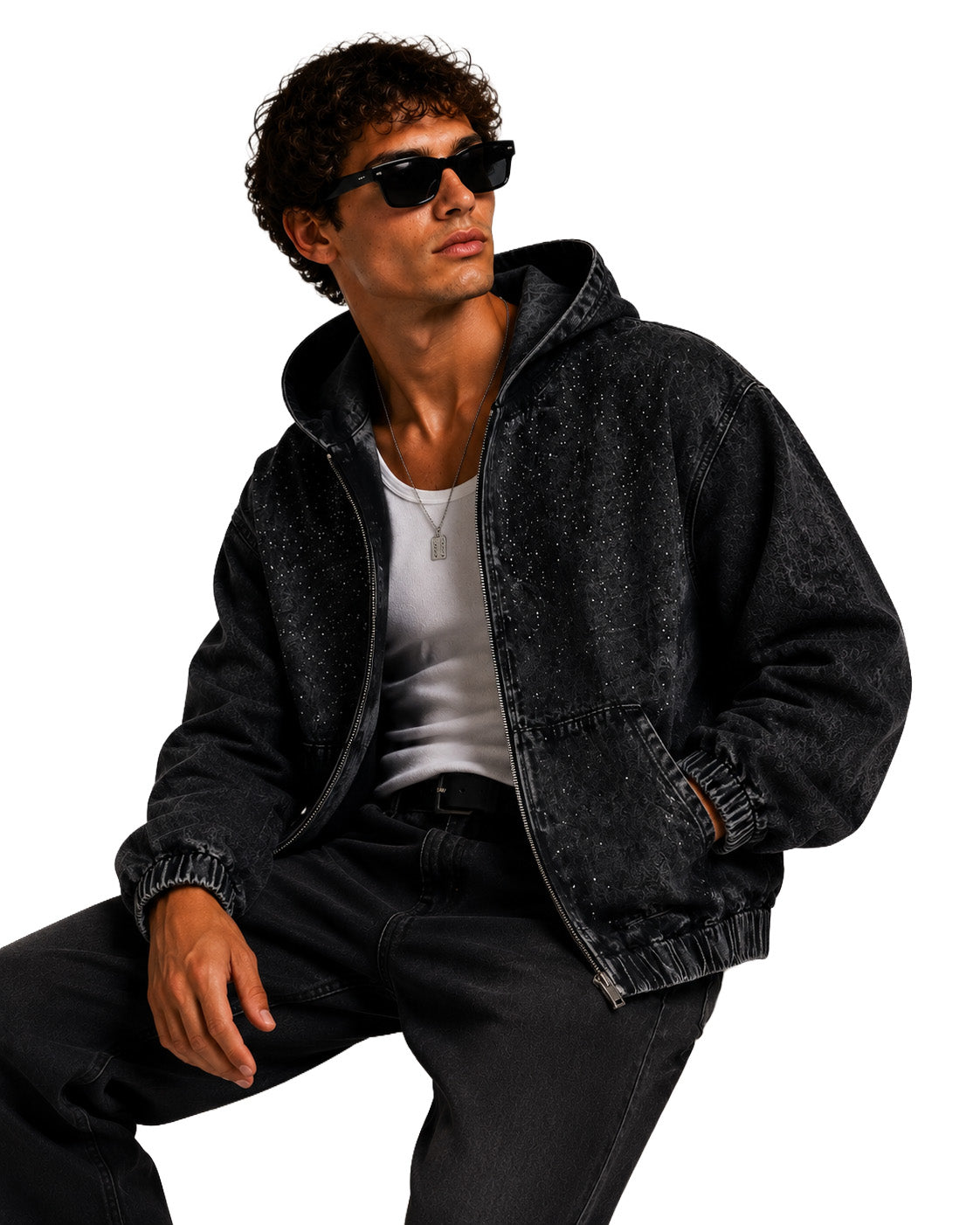 Giacca denim uomo nera slavata con strass – Vestibilità oversize e cappuccio