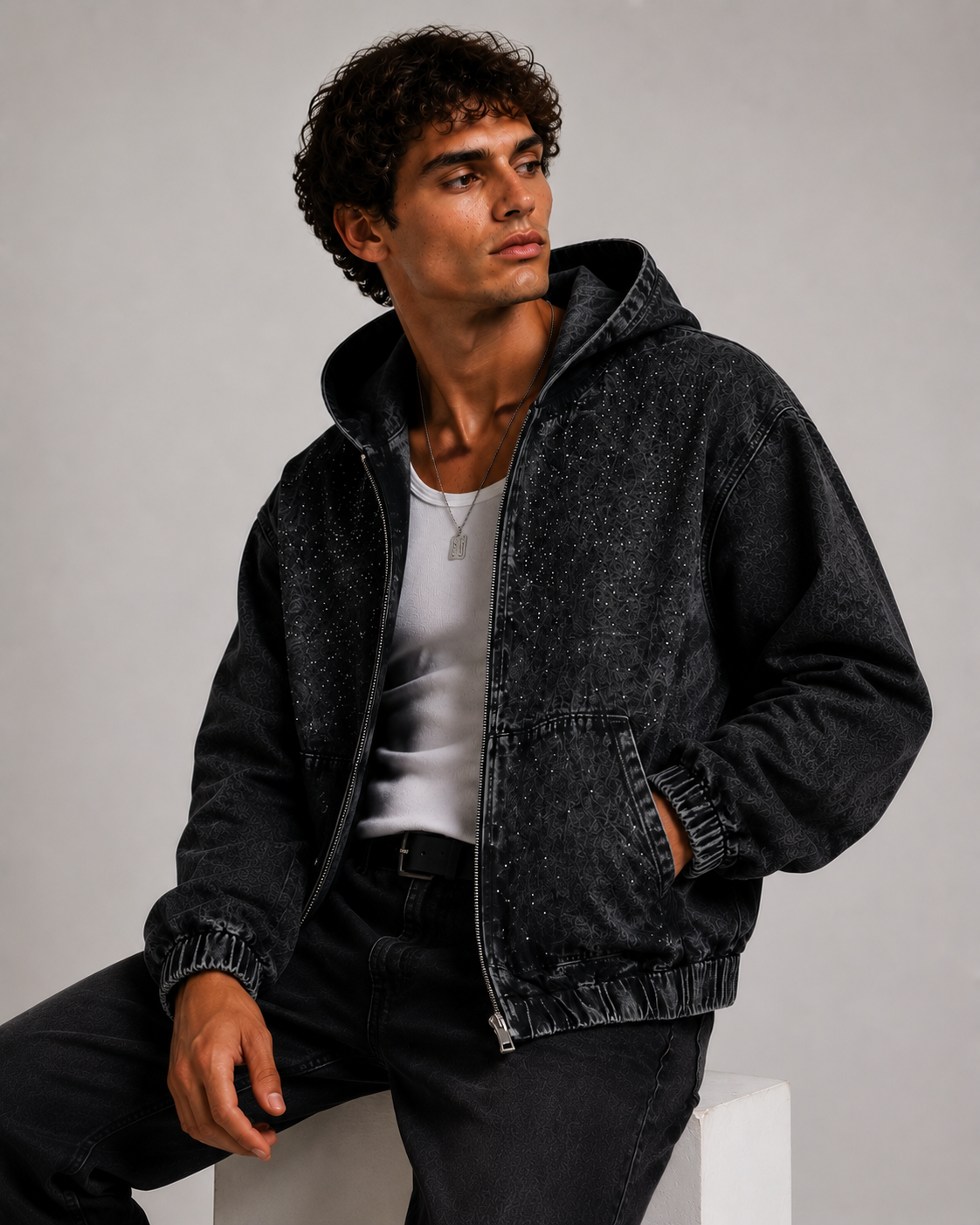 Giacca Nera Oversize Brillantinata con Cappuccio