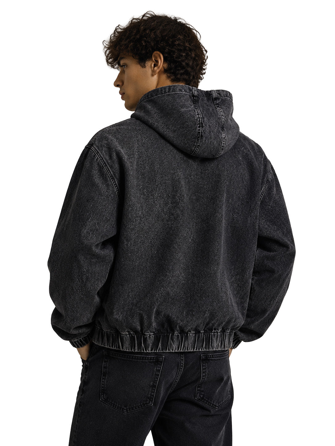 Giacca denim uomo nera slavata con strass – Vestibilità oversize e cappuccio