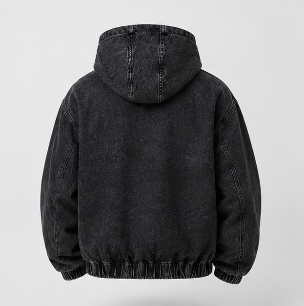 Giacca Nera Oversize Brillantinata con Cappuccio