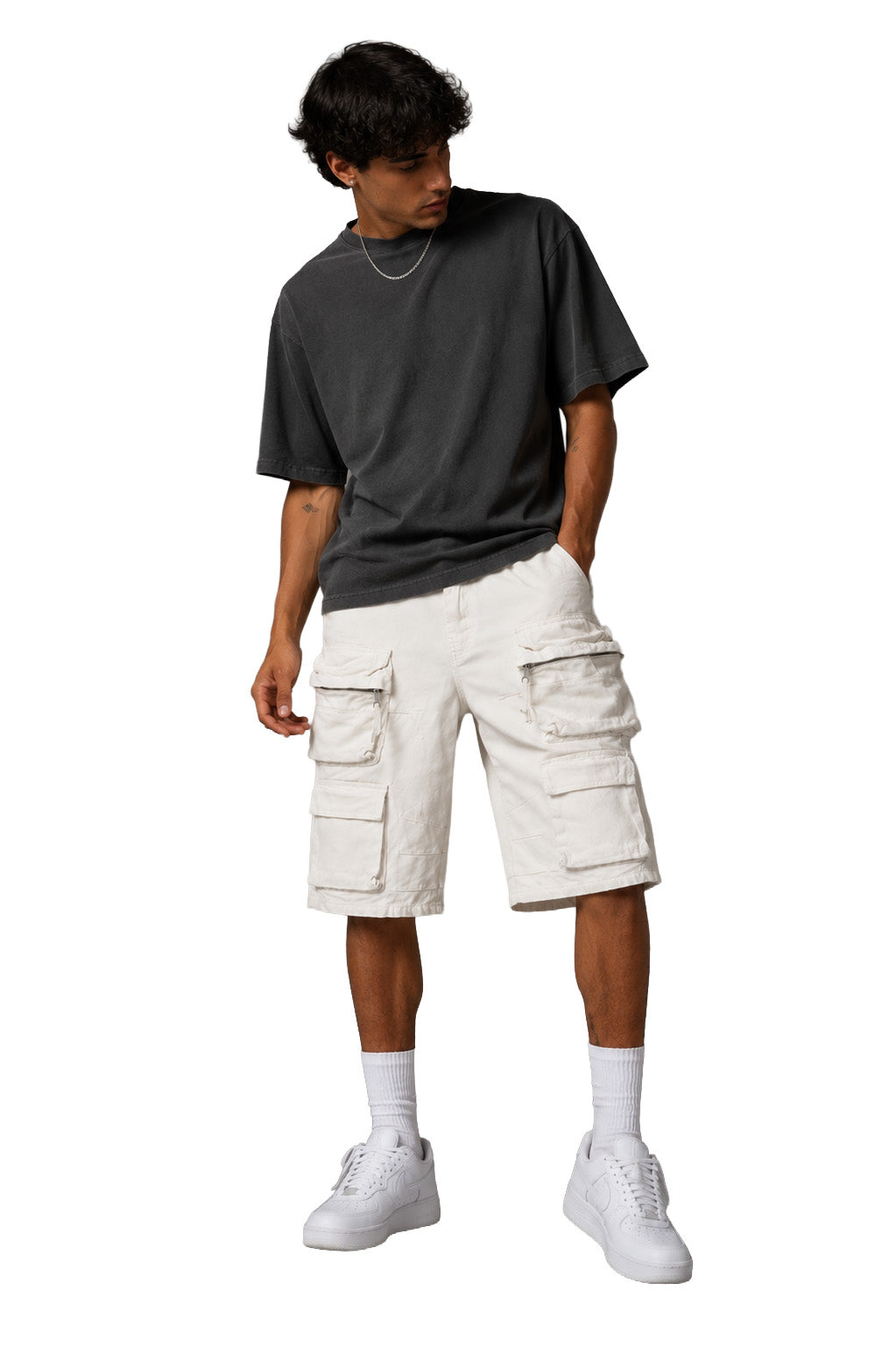 Jorts cargo baggy uomo bianchi – Modello multitasche