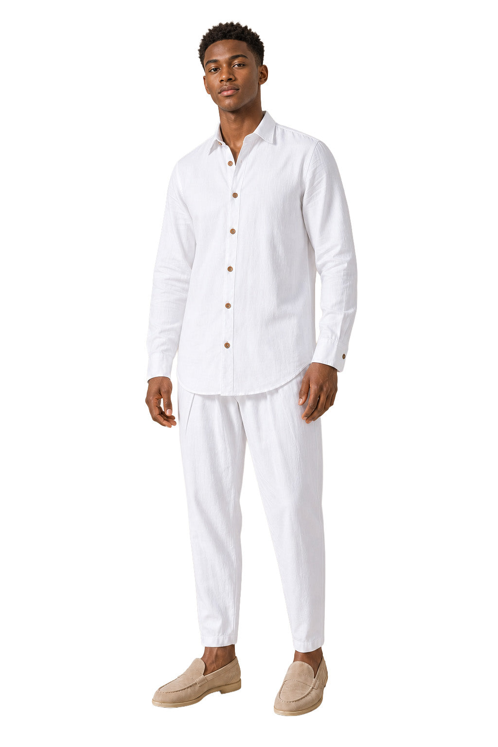 Completo uomo bianco in cotone e lino – Camicia e pantaloni