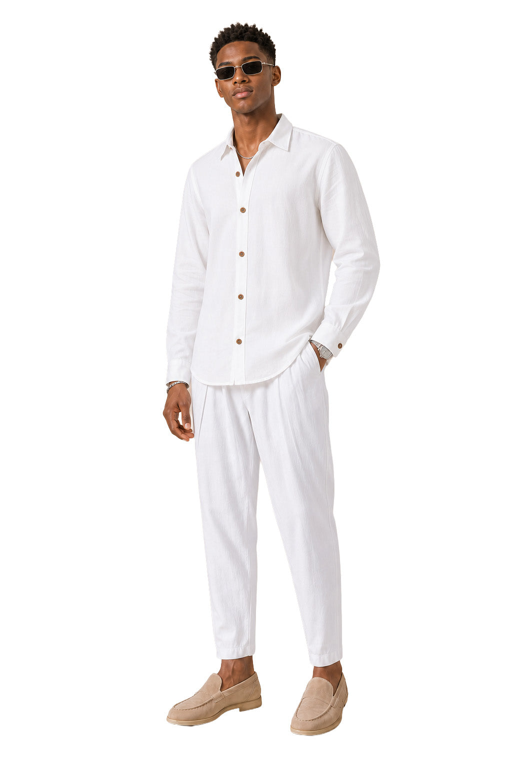 Completo uomo bianco in cotone e lino – Camicia e pantaloni
