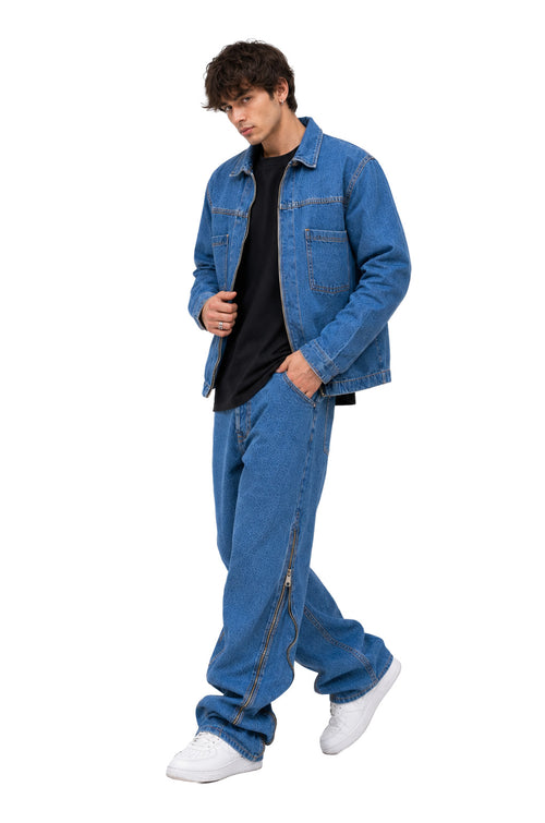 Completo denim uomo blu – Giacca e jeans baggy con zip laterali Made in Italy