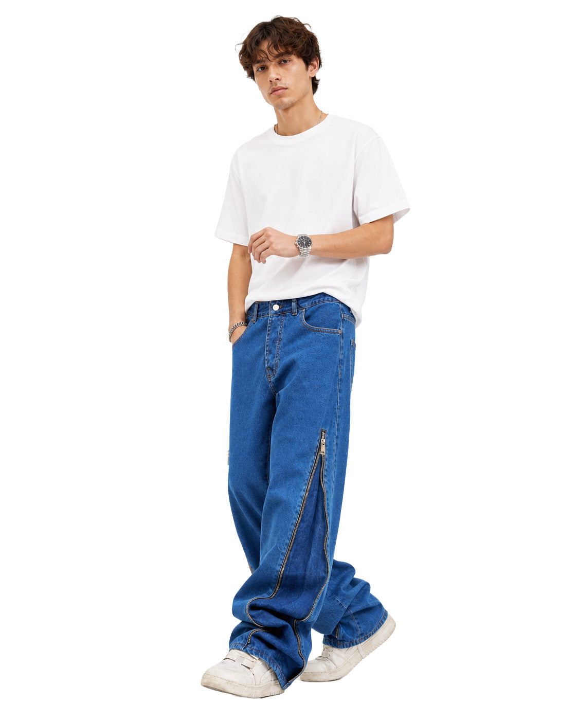 Jeans baggy uomo blu – Fondo regolabile con zip laterali