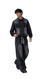 Completo denim uomo nero slavato – Giacca con zip e jeans baggy a vita elasticizzata