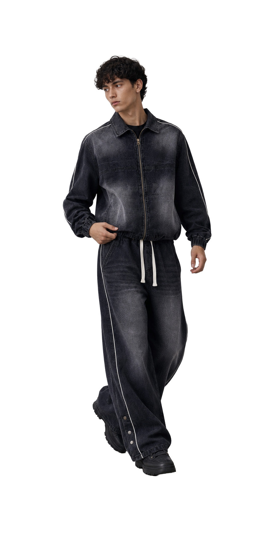 Completo denim uomo nero slavato – Giacca con zip e jeans baggy a vita elasticizzata