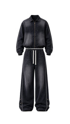 Completo denim uomo nero slavato – Giacca con zip e jeans baggy a vita elasticizzata