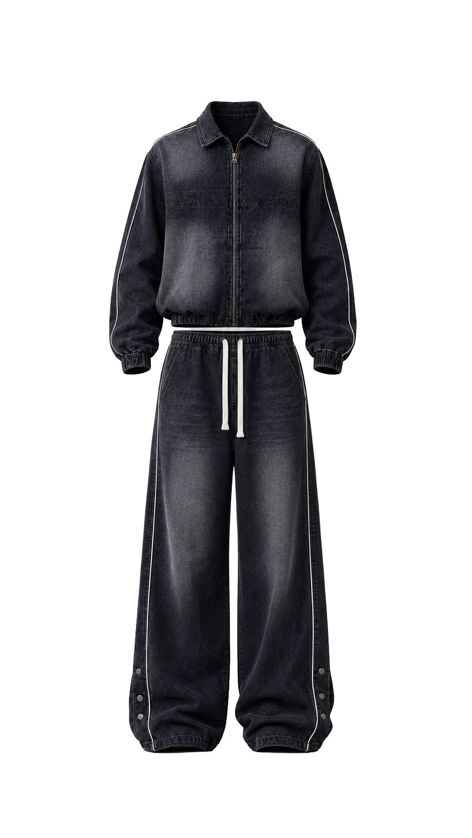Completo denim uomo nero slavato – Giacca con zip e jeans baggy a vita elasticizzata