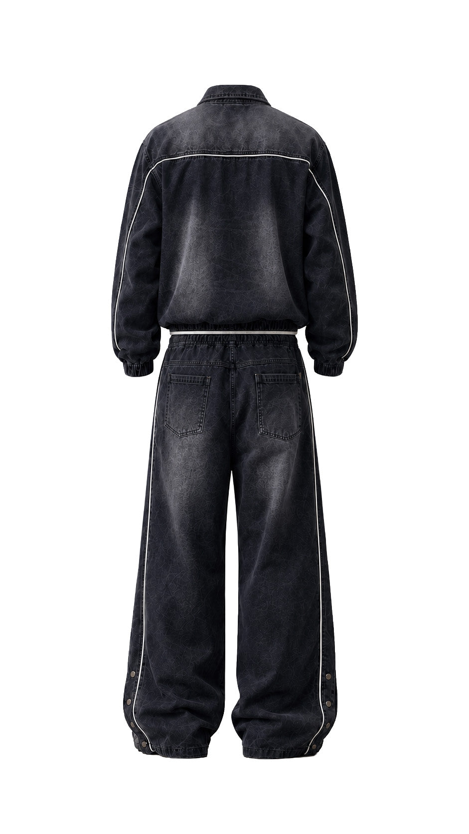 Completo denim uomo nero slavato – Giacca con zip e jeans baggy a vita elasticizzata